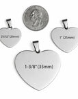 Three heart-shaped pendants with measurements shown next to a quarter for scale.