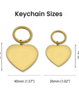 Two heart-shaped keychains with measurements on a white background