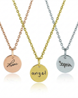 Three gold necklaces with round pendants engraved with 'Love', 'angel', and 'Sophia' on a white background.