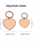 Heart-shaped keychains with measurements on a white background