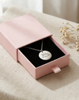 silver disc andwriting necklace in pink gift box
