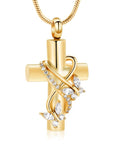 Gold Butterfly Cross Urn Necklace for Ashes on white background