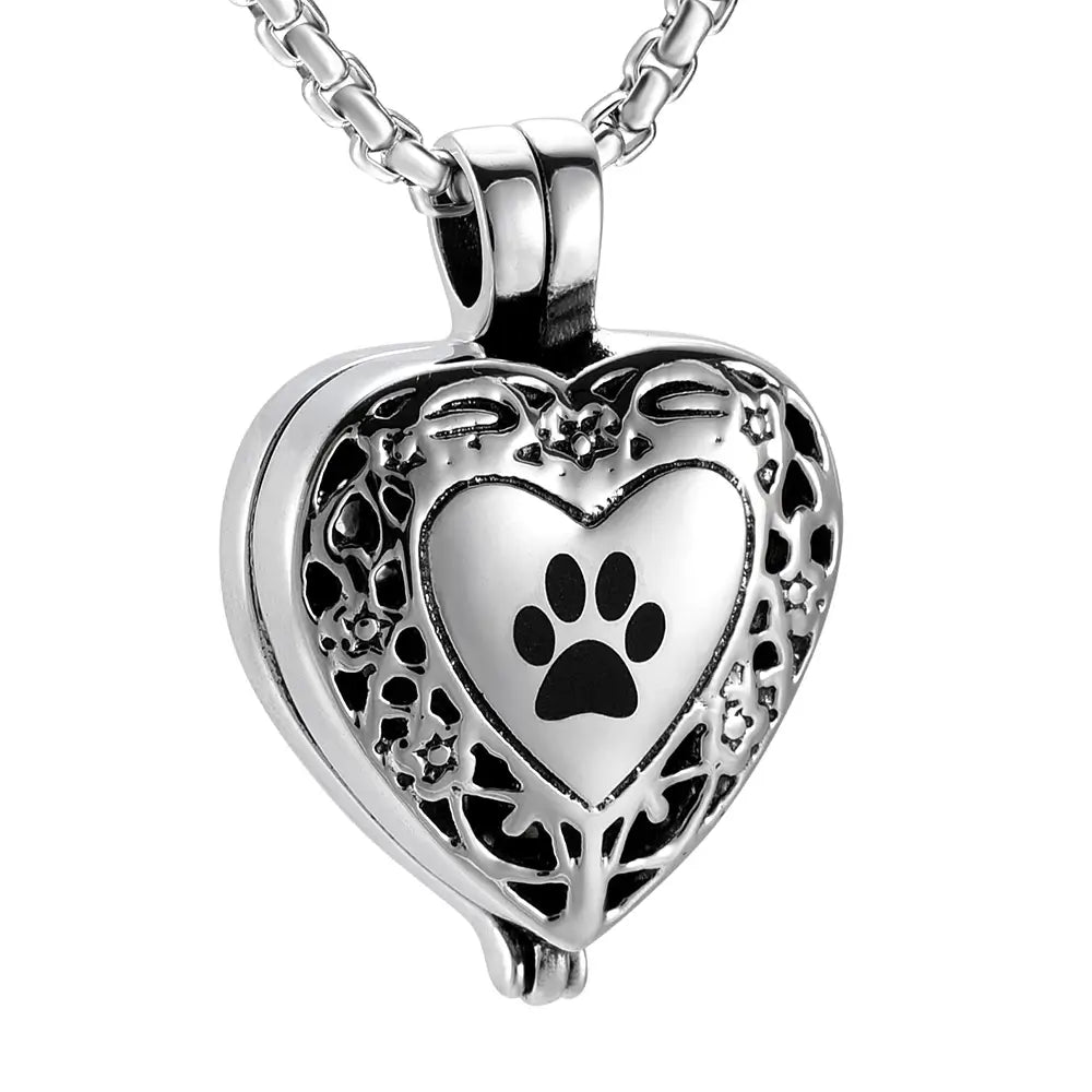 Paw Print Heart Locket Urn Necklace Keepsake Jewelry For Pet