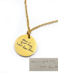 gold handwriting necklace with handwrirting sample