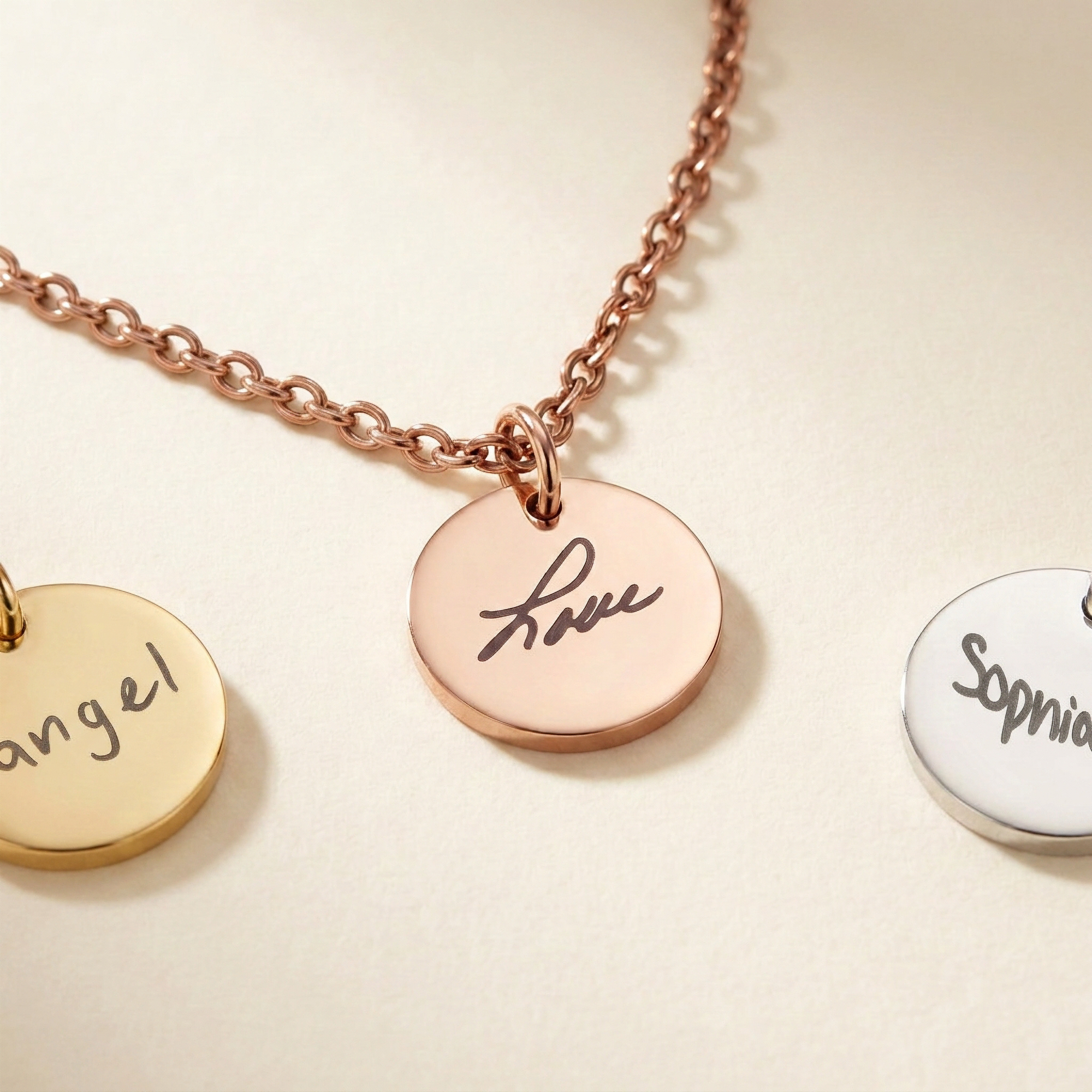 Rose gold necklace with engraved disc pendants on a beige background