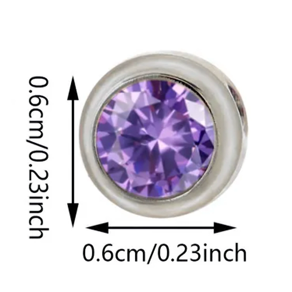 Purple birthstone with measurements on a white background