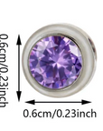 Purple birthstone with measurements on a white background