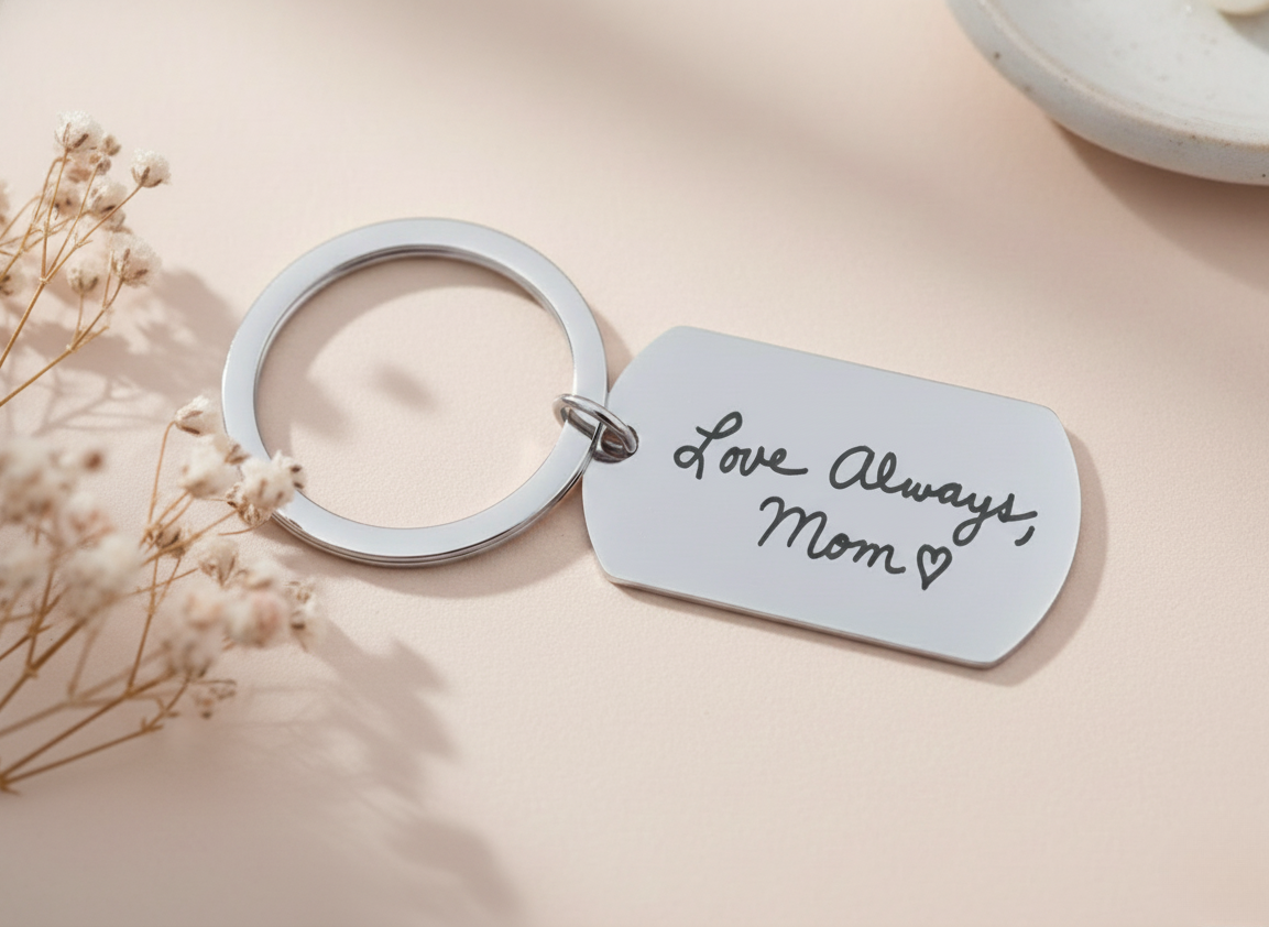 Silver keychain with 'Love Always, Mom' tag on a light background