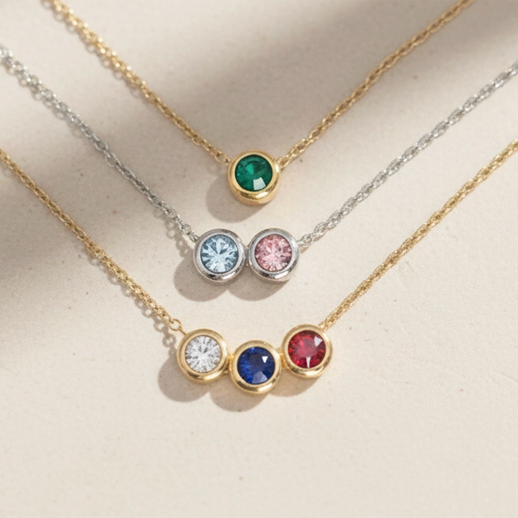 Three necklaces with colored gemstones on a beige background