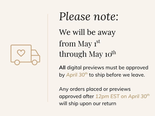 Notification about product availability during a planned absence from May 1st to May 10th, with a delivery icon on a white background.
