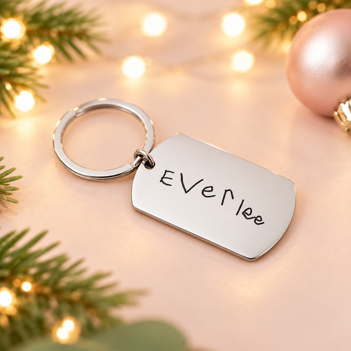 Large handwriting dog tag with the name Everlee set in a Christmas setting