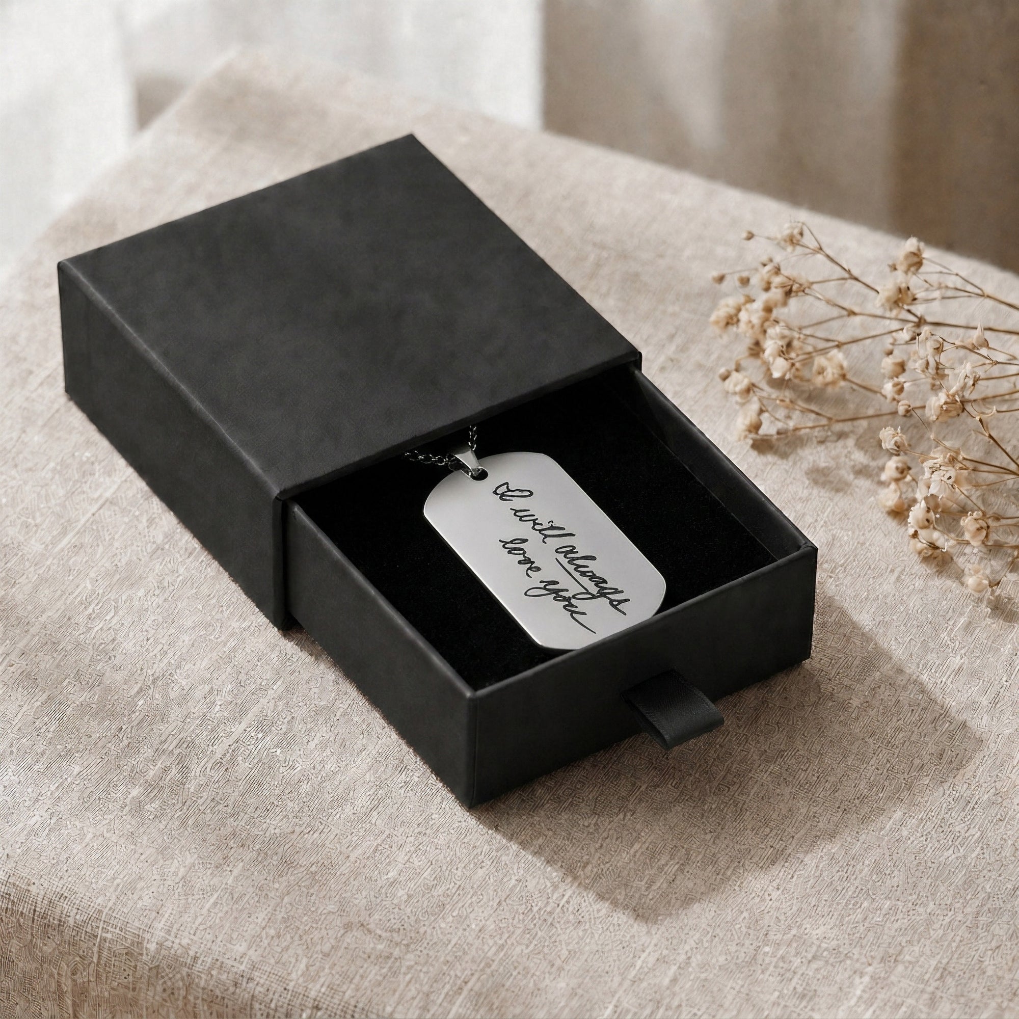 Silver Dog Tag Necklace in Black Gift Box