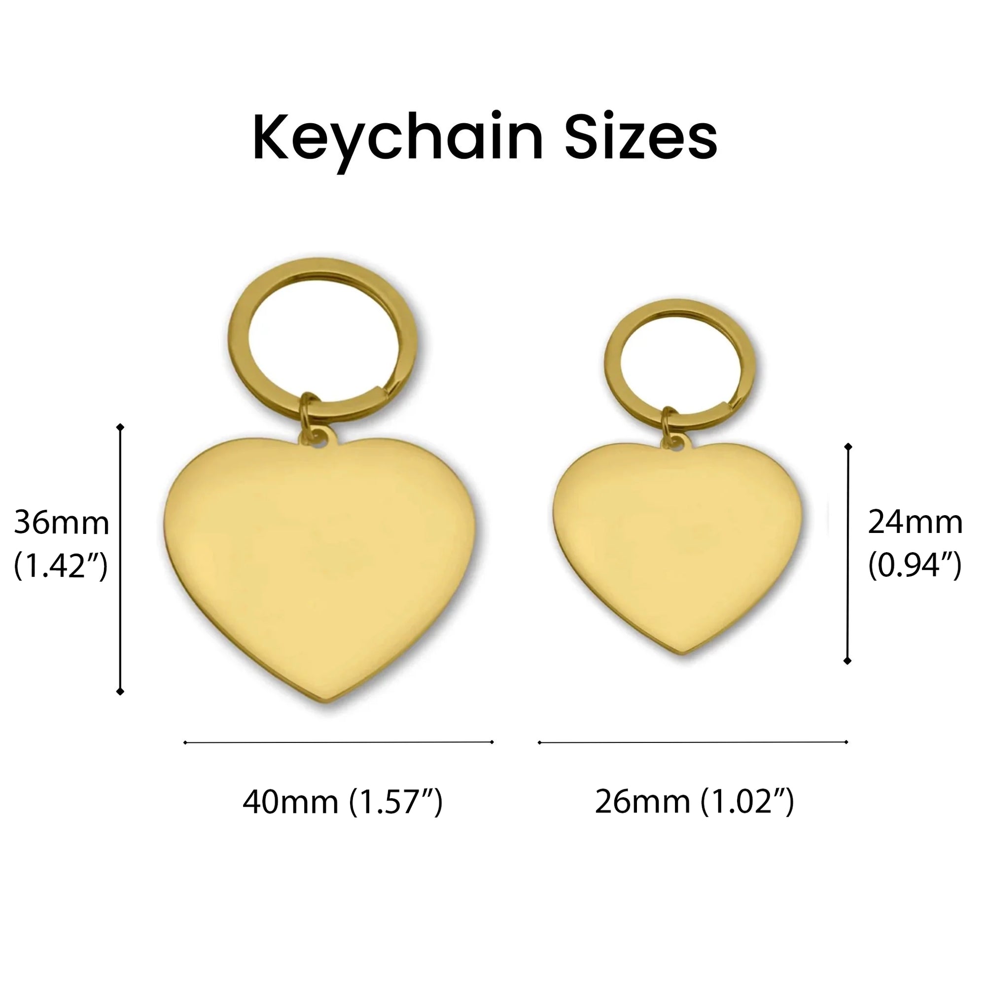 Two heart-shaped keychains with measurements on a white background