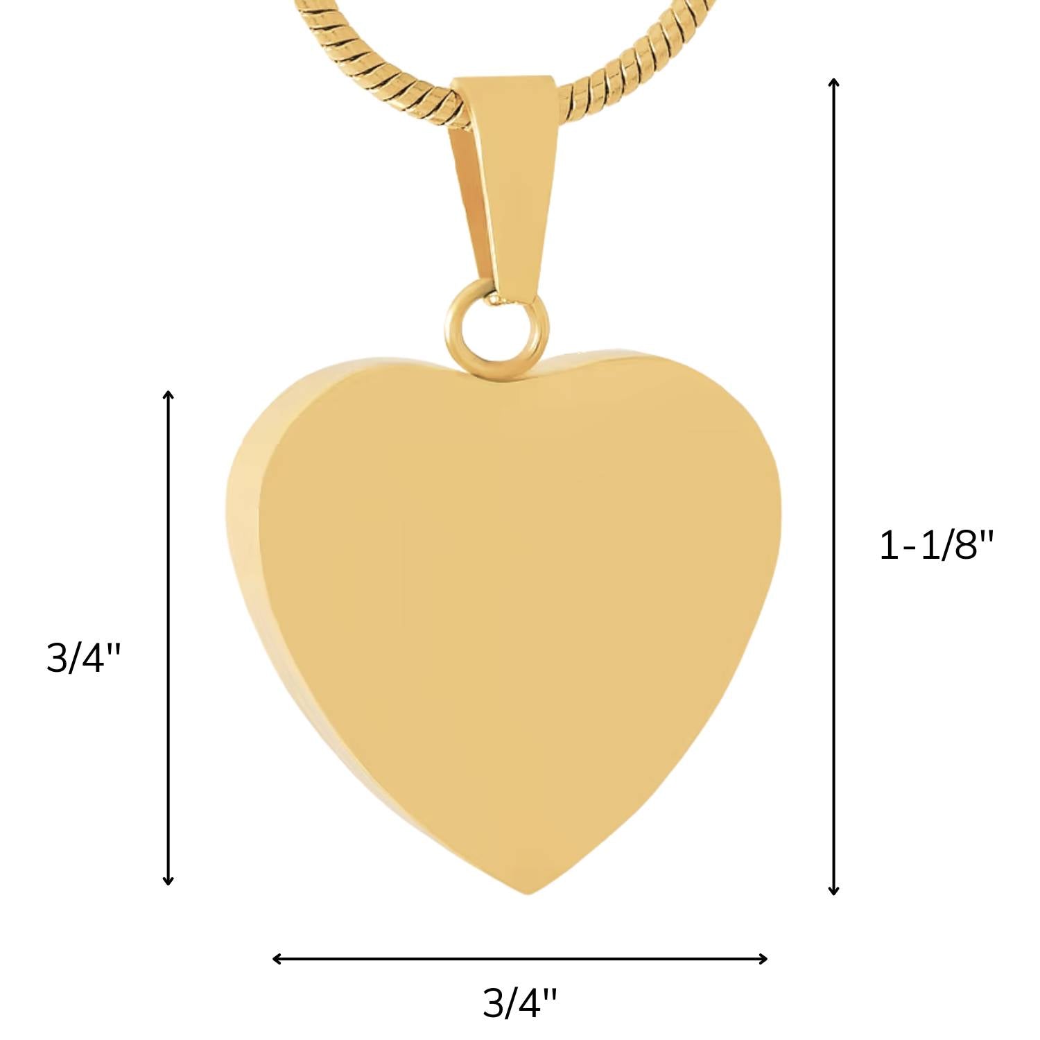 A gold heart-shaped pendant on a gold chain, shown with dimension lines and text indicating a height of 1-1/8 inches, a width of 3/4 inches, and a height of 3/4 inches.