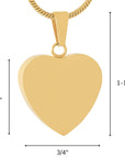 A gold heart-shaped pendant on a gold chain, shown with dimension lines and text indicating a height of 1-1/8 inches, a width of 3/4 inches, and a height of 3/4 inches.