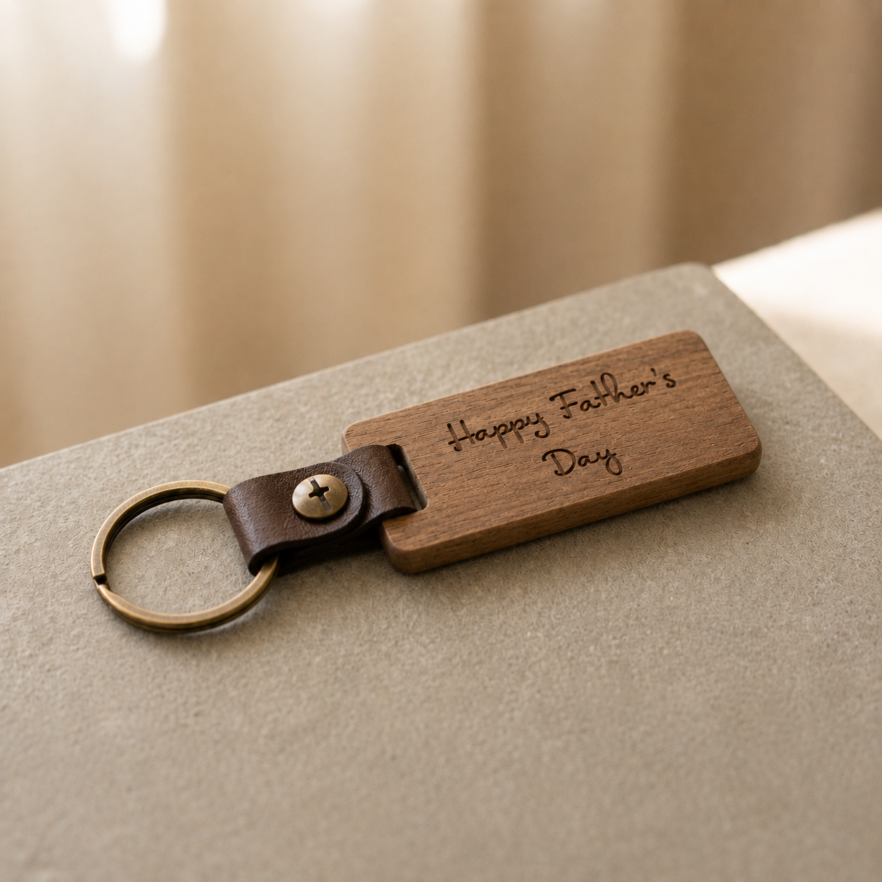 Wooden keychain with leather strap and 'Happy Father's Day' engraving on a neutral background