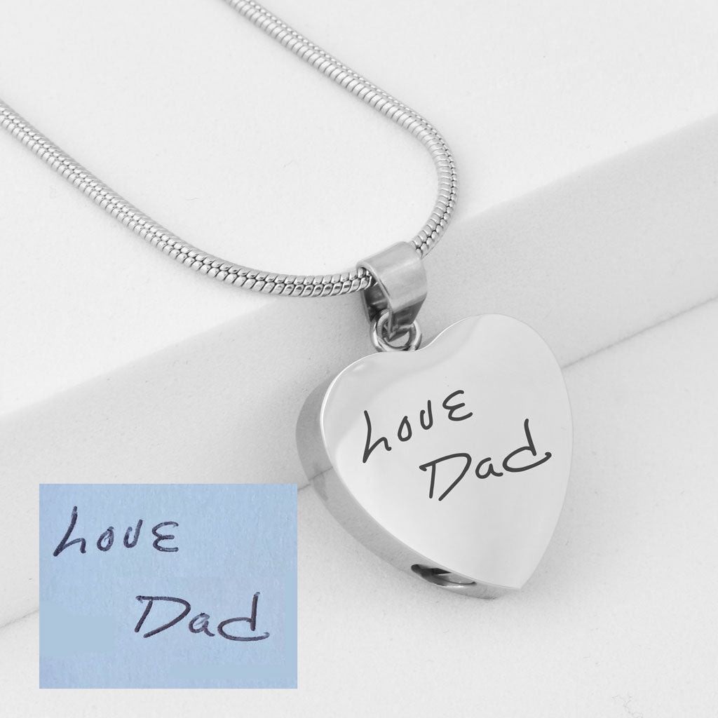 Handwriting Heart Urn Charm, Silver, Showing handwriting sample
