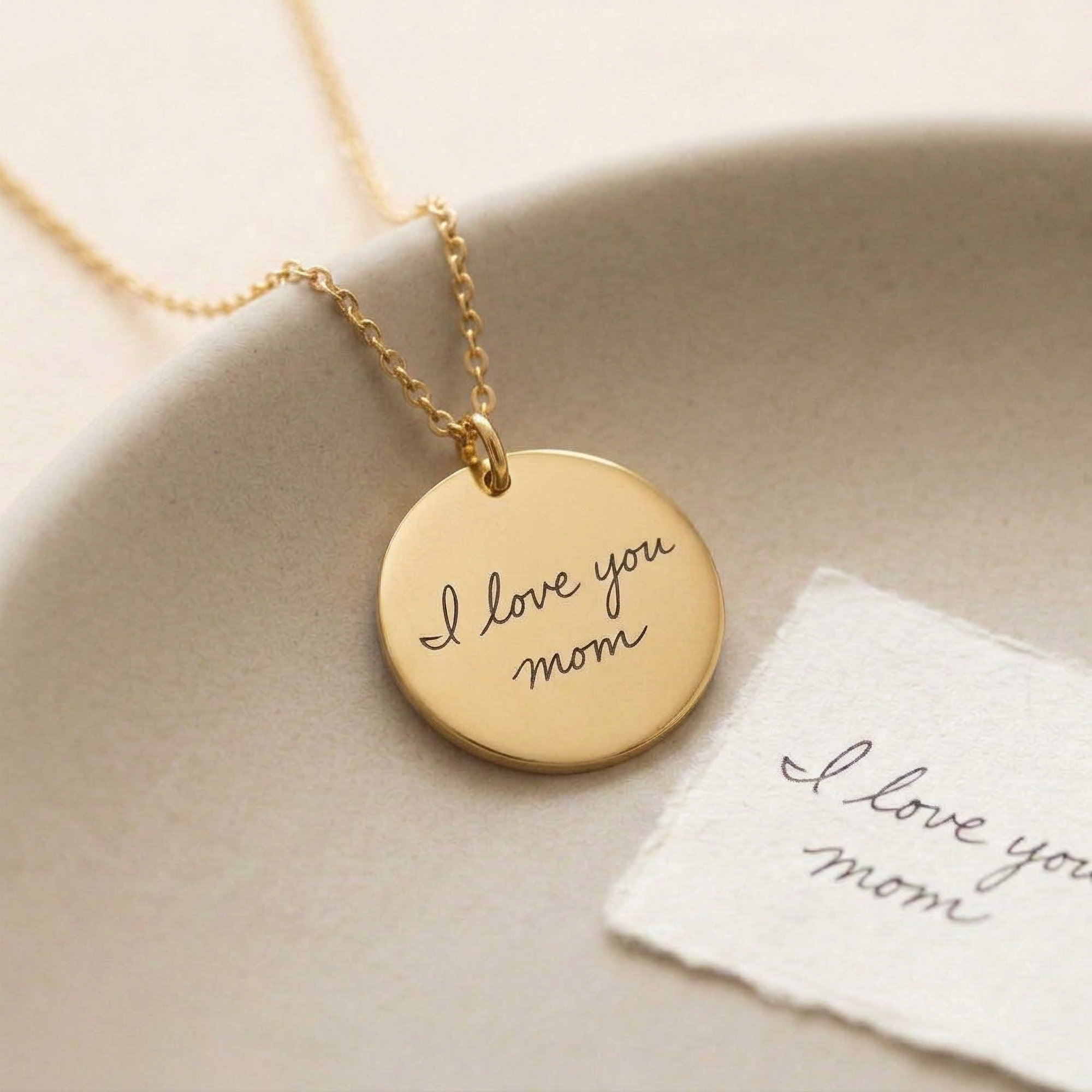 Gold necklace with 'I love you mom' pendant on a beige surface