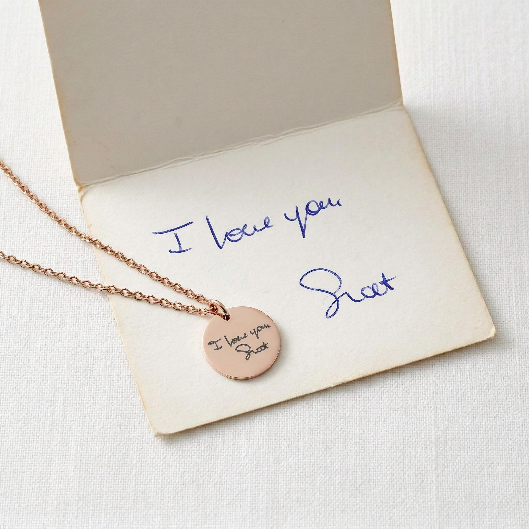 Necklace with a round pendant on a card with 'I love you' written on it, on a light background