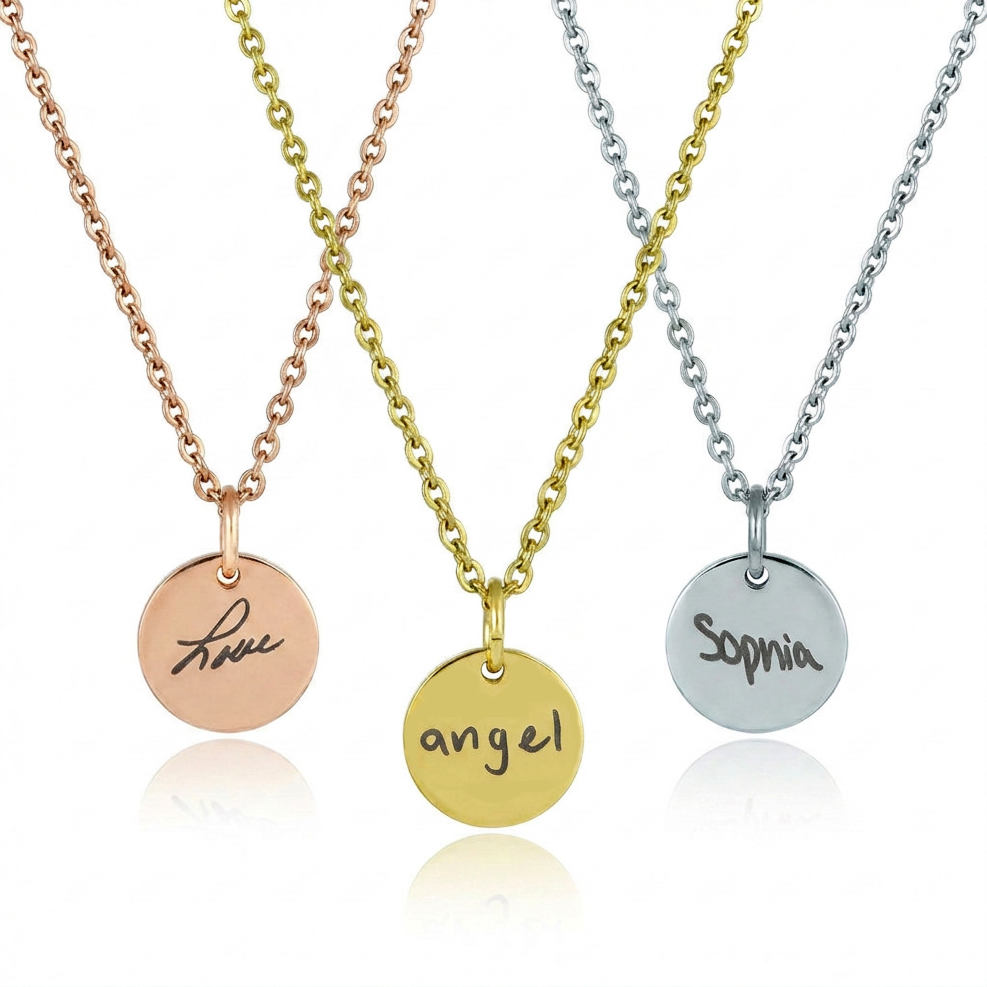 Three gold necklaces with round pendants engraved with 'Love', 'angel', and 'Sophia' on a white background.