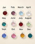  twelve birthstone charms with corresponding months on a beige background