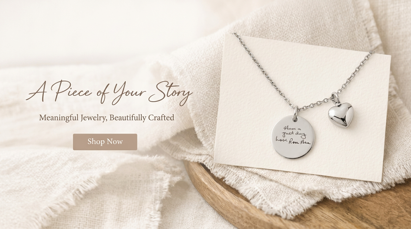 Silver handwriting necklace with heart pendant on a white card with text, placed on a textured surface with the words "A Piece of Your Story"