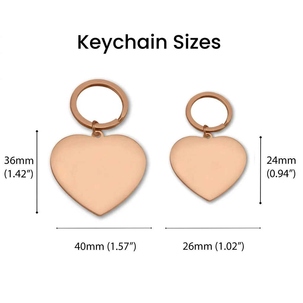 Heart-shaped keychains with measurements on a white background