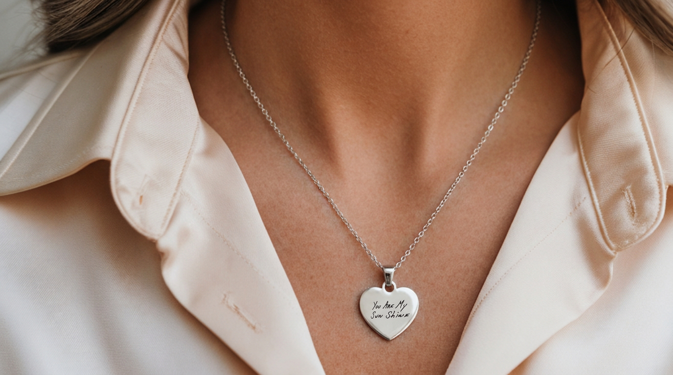 A close-up of a person wearing a delicate silver chain necklace with a heart-shaped pendant engraved with 'You are my sun shine'. The necklace is shown on a model wearing a light beige satin collared shirt.