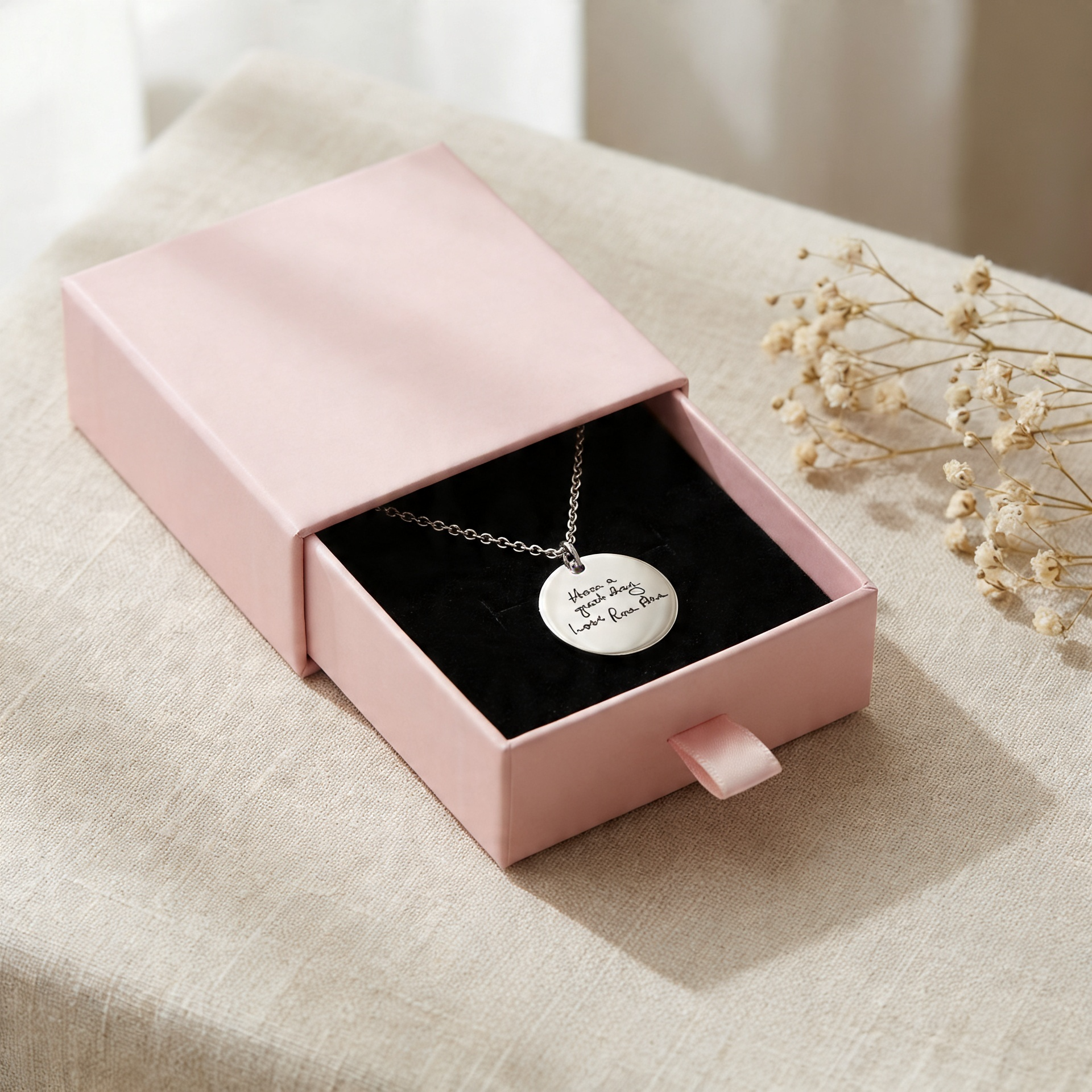 silver disc andwriting necklace in pink gift box