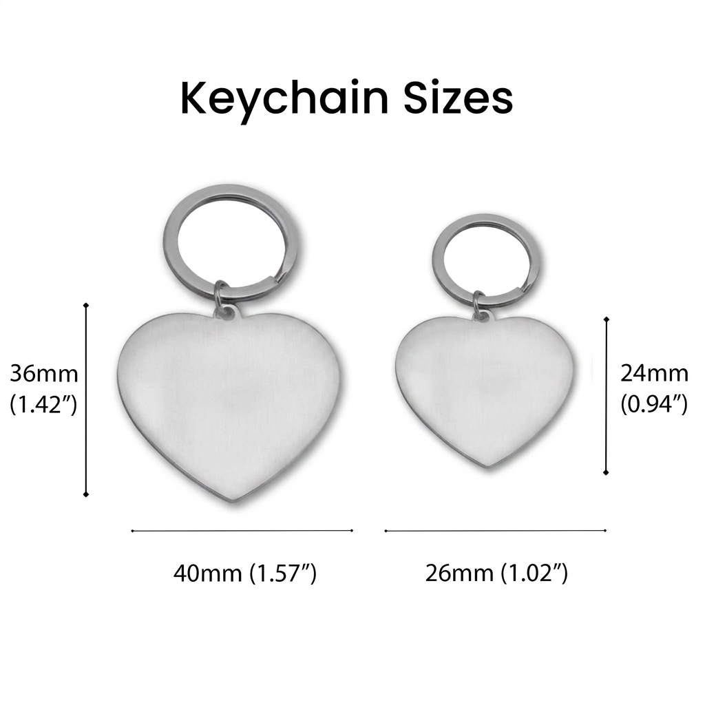 Heart-shaped keychains with measurements on a white background