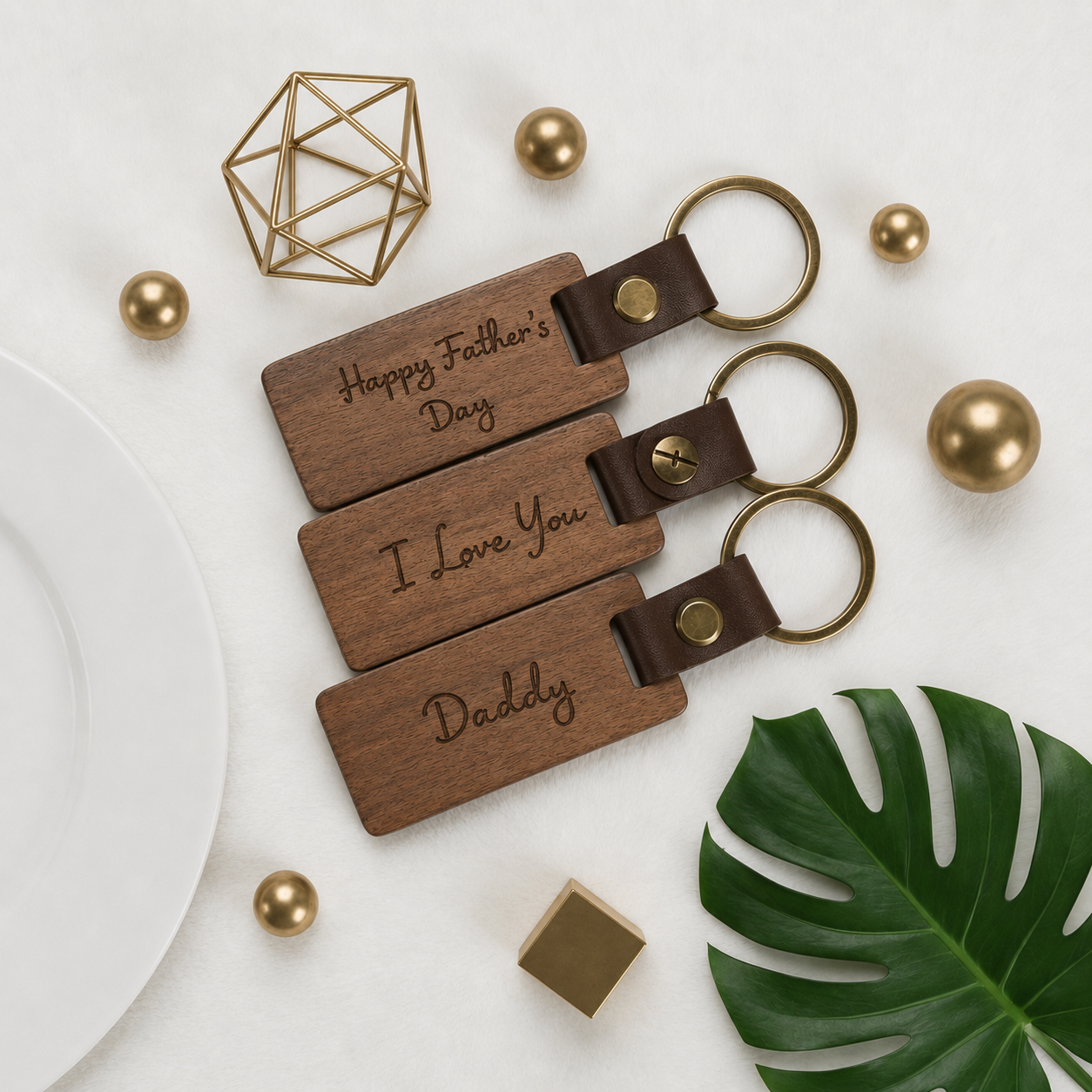 Wooden keychains with engraved messages on a decorative background with gold elements and a green leaf.