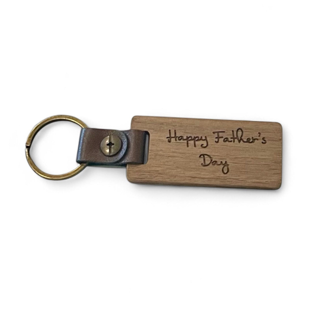 Wooden keychain with 'Happy Father's Day' engraving on a white background