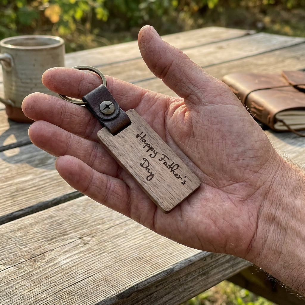 Hand holding a wooden keychain with 'Happy Father's Day' text on a wooden table.