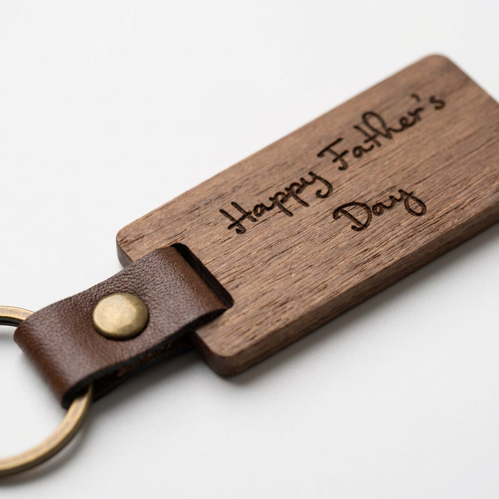 Wooden keychain with leather strap and 'Happy Father's Day' engraving on a white background