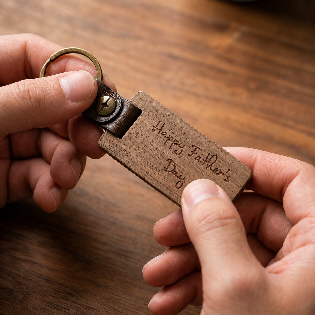 Wooden keychain with 'Happy Father's Day' engraving held by hands on a wooden surface