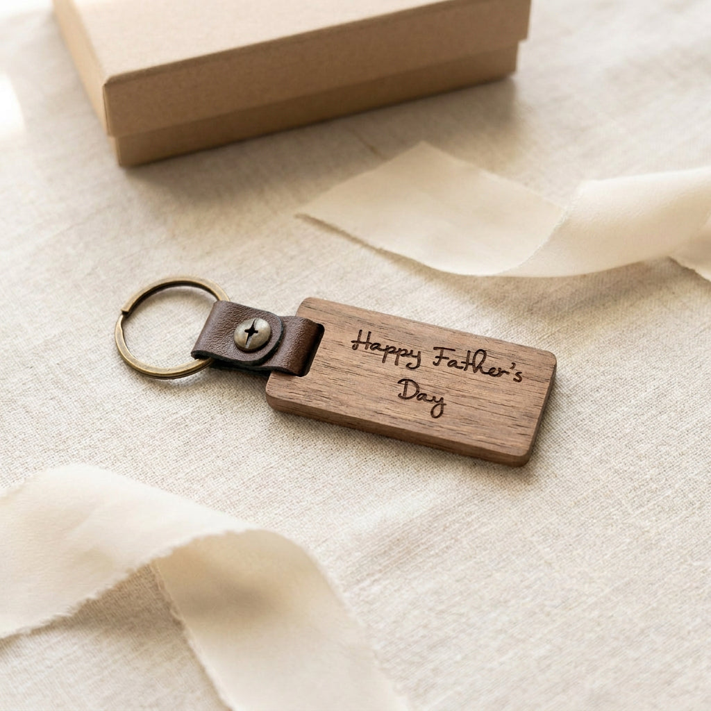 Wooden keychain with 'Happy Father's Day' engraving on a light fabric background