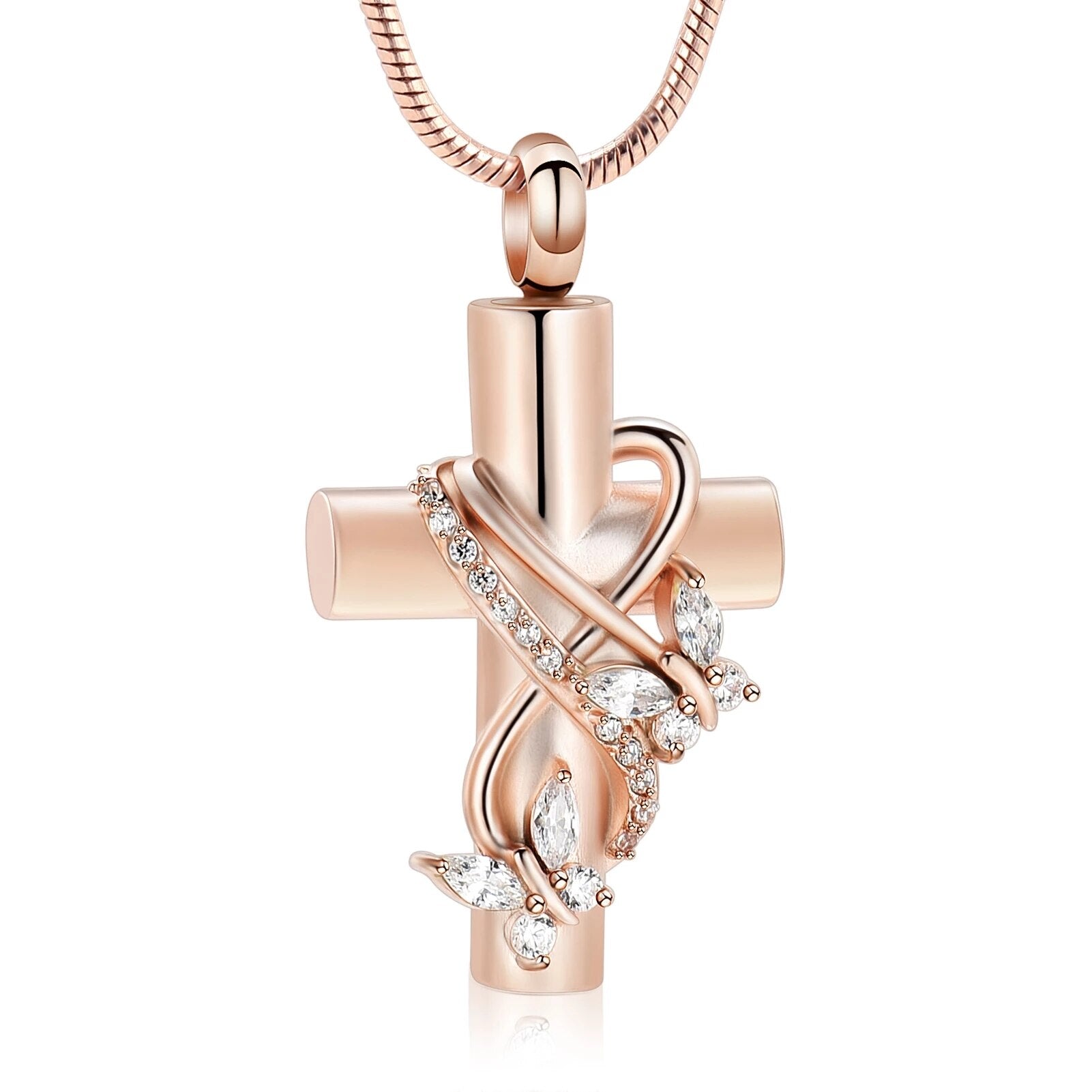 Rose Gold Crystal Butterfly Cross Necklace for Ashes on White Background
