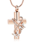Rose Gold Crystal Butterfly Cross Necklace for Ashes on White Background