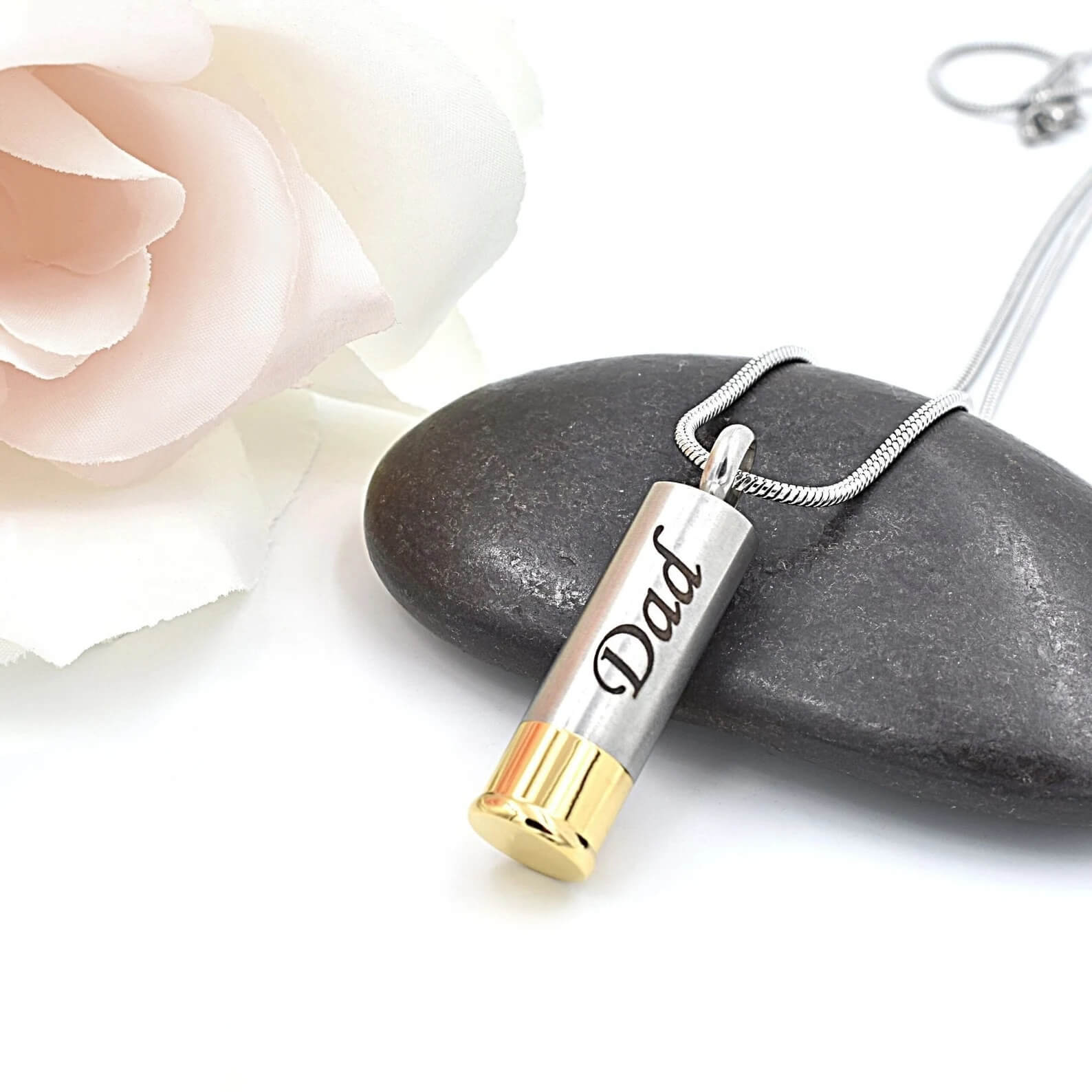Dad Shotgun Shell Urn Necklace, on stone