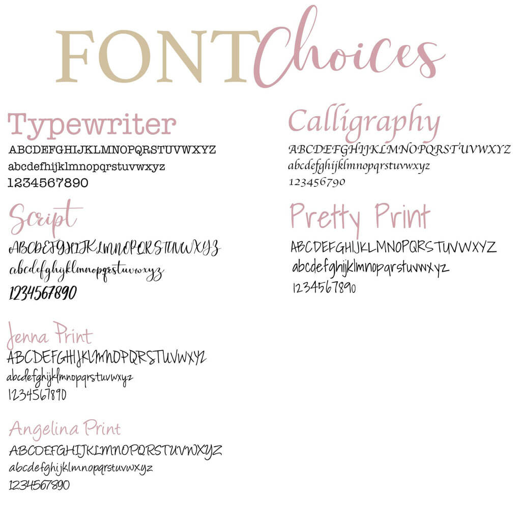 Personalization options, font choices available