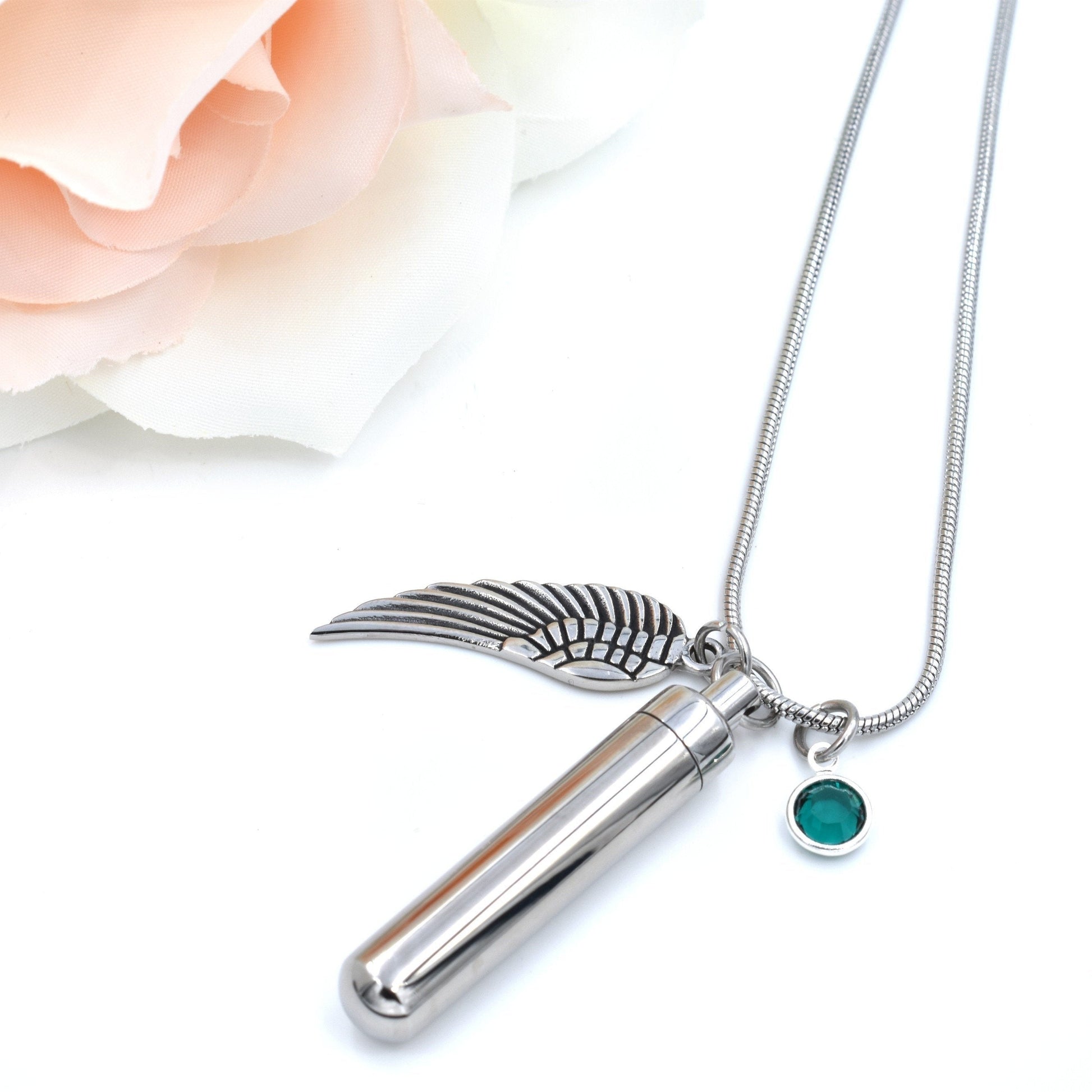 Cylinder Urn with Angel Wing & Birthstone Sarah & Essie 