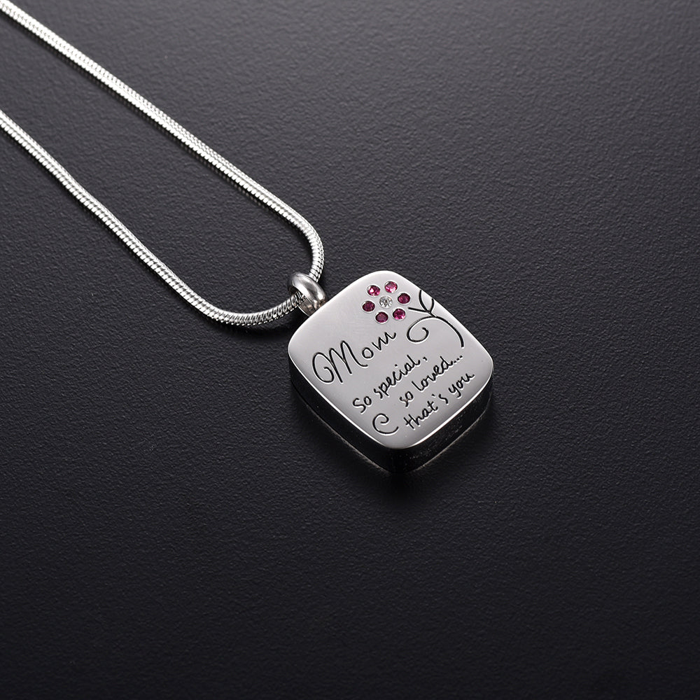 Mom So Special, So Loved Urn Necklace, On Black Background